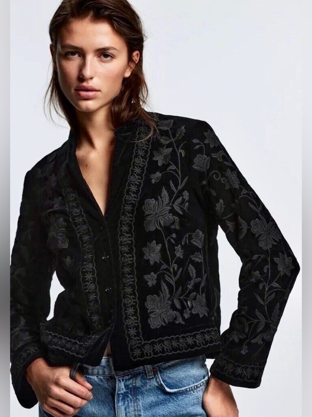 Zara Whimsigoth Embroidered Black Velvet Jacket  Floral Coat Goth Size Large L